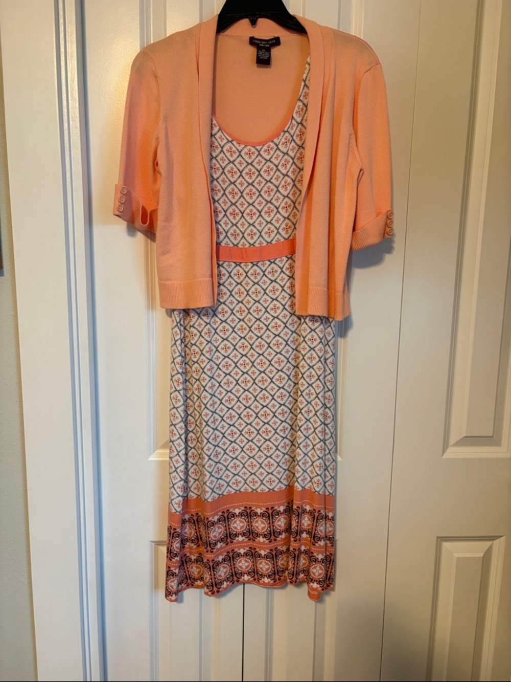 Studio Y Peach Geometric Print Dress with Matching Cardigan